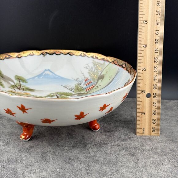 Nippon Japanese Berry Bowl Hand Painted Gilt Ladies Garden Fuji w/ Holes VTG 7" - Picture 12 of 14